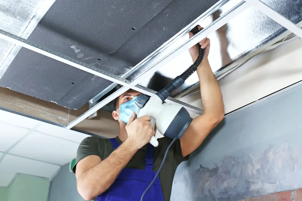 Worker in a mask cleaning a ceiling air duct with a handheld tool