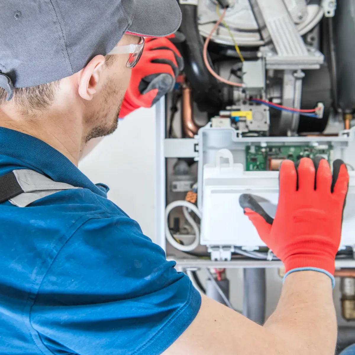 Technician in red gloves servicing a boiler's controls