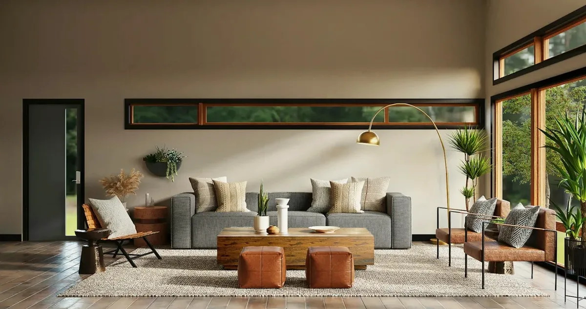 Bright living room with a grey sofa and large windows